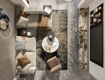 Living room interior design concept and side wall tv furniture attached architectural overview